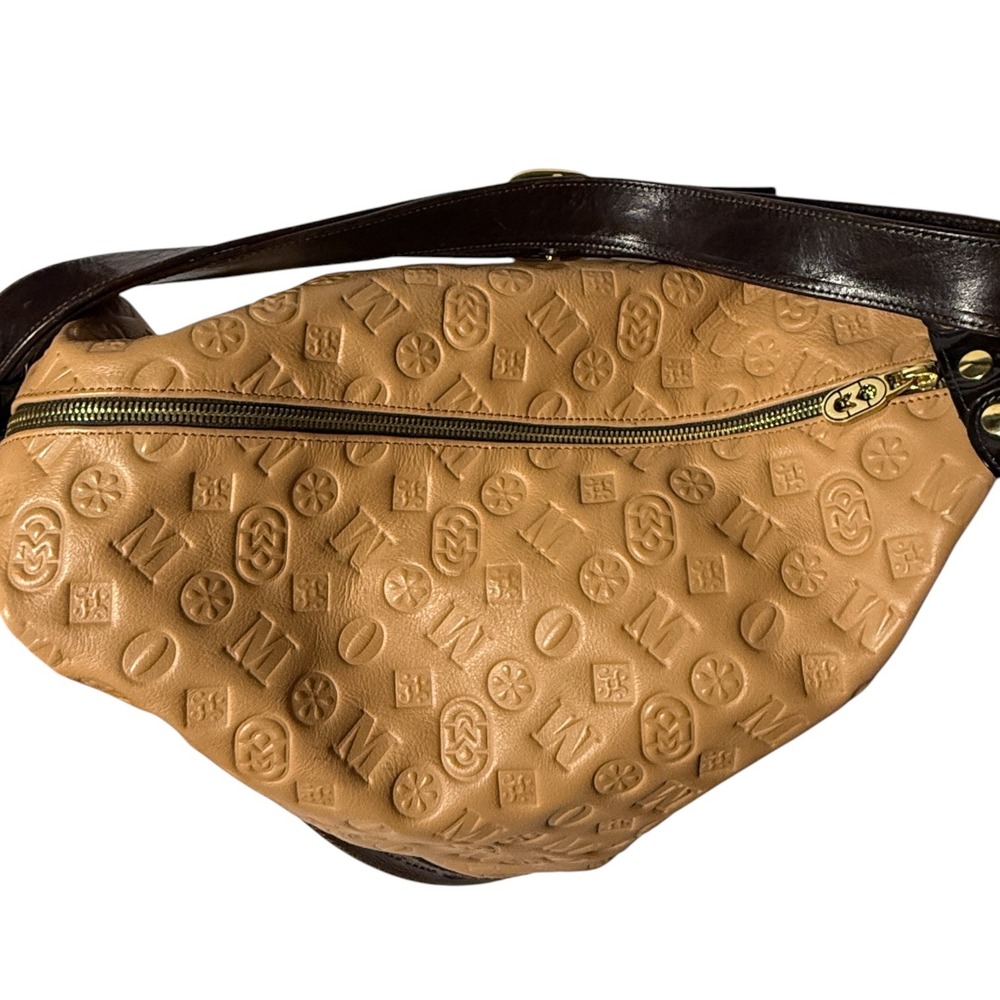 MARINO ORLANDI Vintage Italian Leather Bucket Bag Tan Embossed Monogram Y2K - Picture 7 of 16